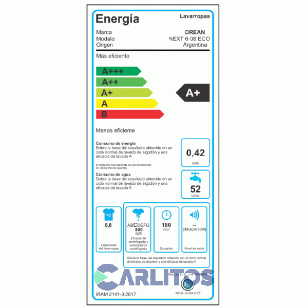 Lavarropa Carga Frontal Drean 6 KG - 800 RPM Blanco