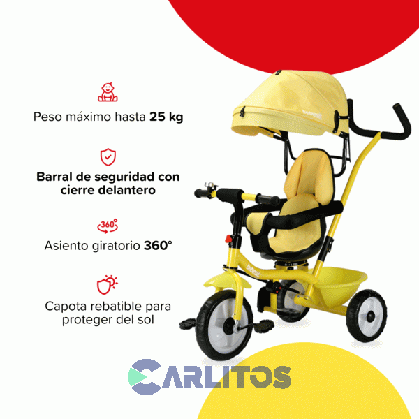 Triciclo Bebesit Con Barral Y Capota-Asiento Giratorio 360° Amarillo Sl-1870g