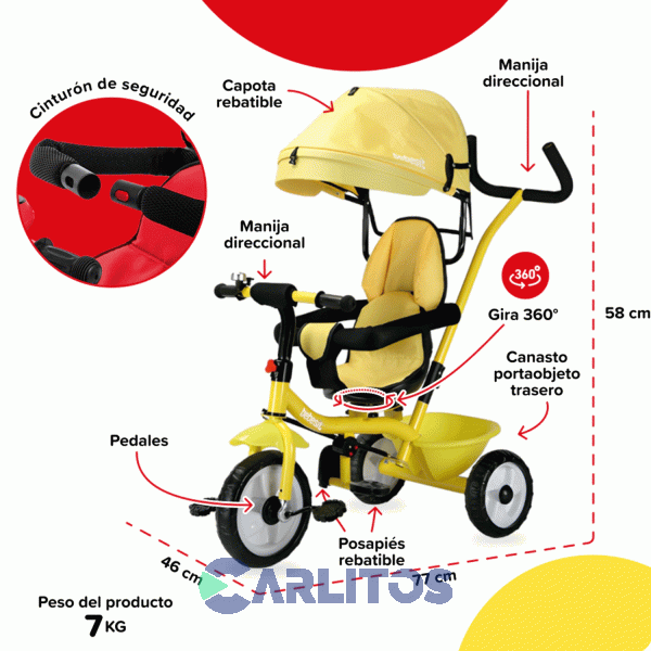 Triciclo Bebesit Con Barral Y Capota-Asiento Giratorio 360° Amarillo Sl-1870g