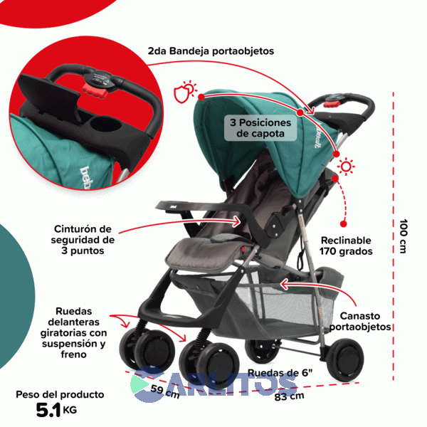 Coche De Paseo Bebesit Portabebe + Butaca 1337Ts-j Verde