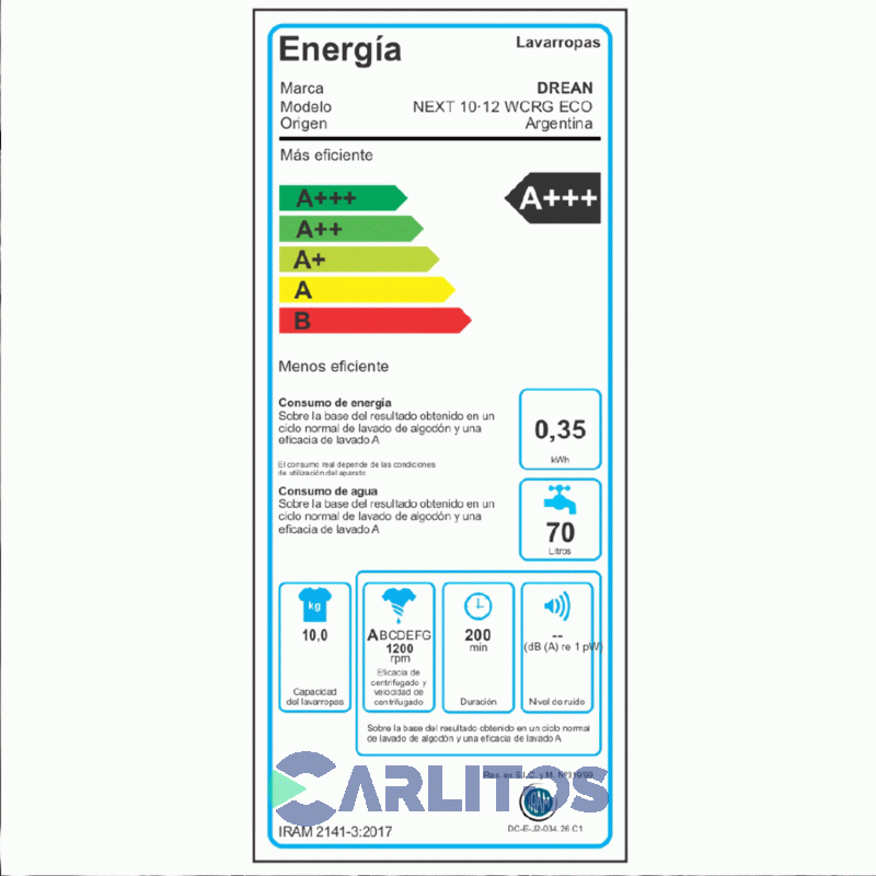 Lavarropa Carga Frontal Drean 10 Kg - 1200 Rpm Inverter Con Wifi 10.12 WCRG Eco