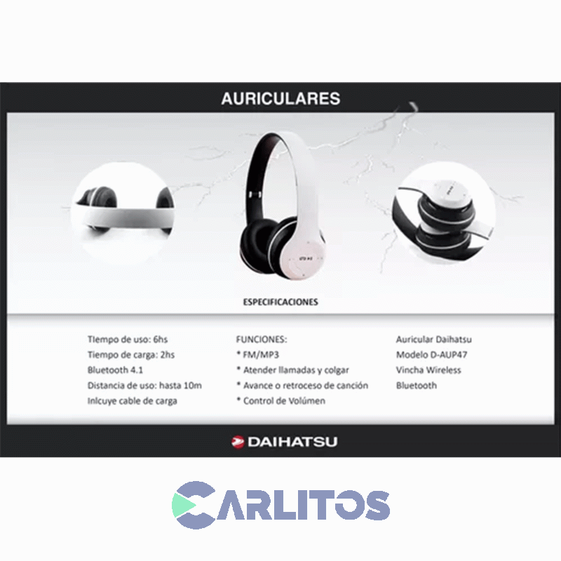 Auricular Vincha Con Bluetooth Radio Y Tarjeta Tf Daihatsu D-aup47/bw Blanco